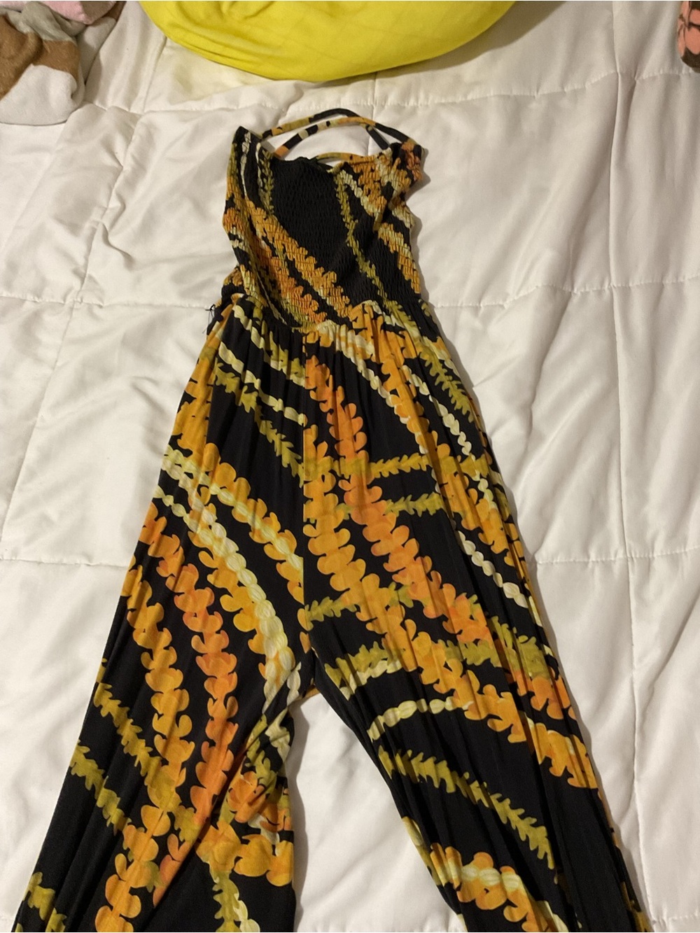 Smocked Black Jumpsuit with Yellow & Orange Fern Print